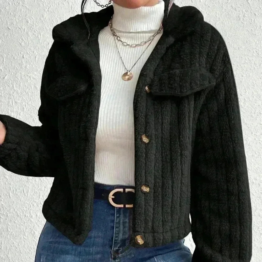 Black Casual Women's Flap Detail Button Front Flannel Jacket - Picture 6 of 6